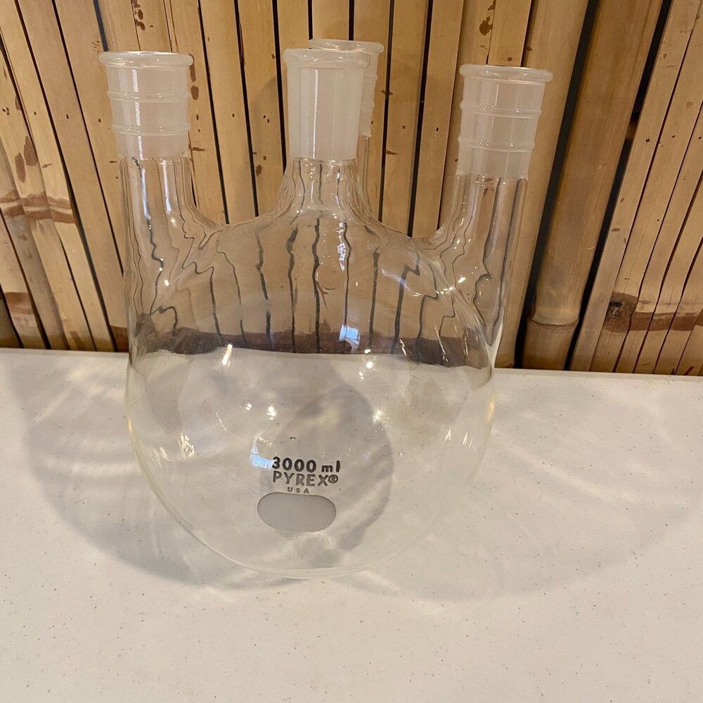 PYREX USA 3000mL 3L 4-Neck Round Bottom Flask Large Joint ~50mm Lab Glass